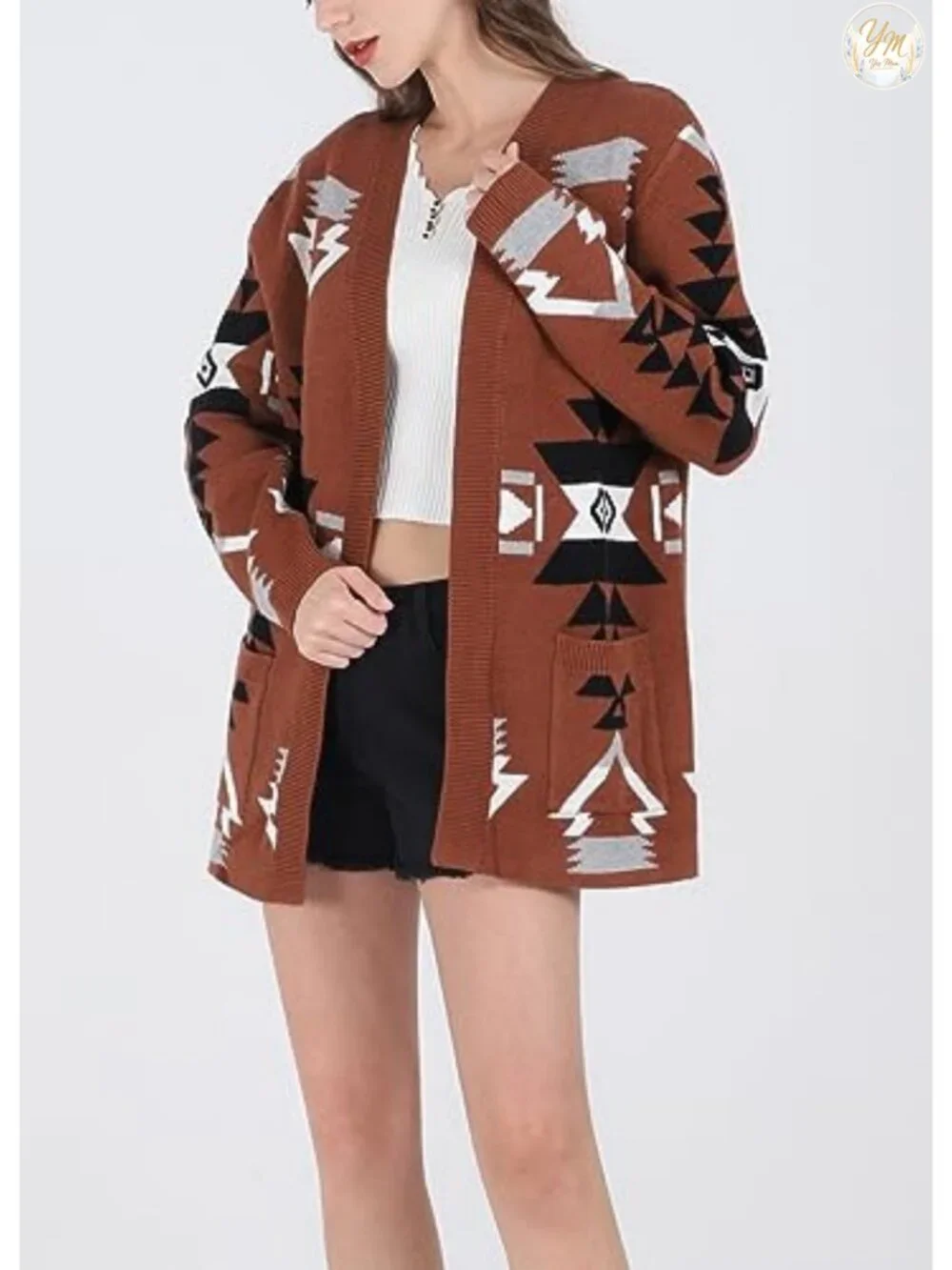 Women's Aztec Print Knit Cardigan Sweater Open Front Long Sleeve Lightweight